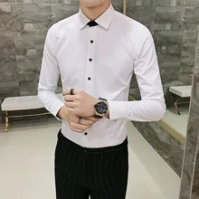 Новая модная тонкая мужская однотонная белая рубашка с черной пряжкой Молодежная профессиональная одежда горячая Повседневная рубашка с длинными рукавами