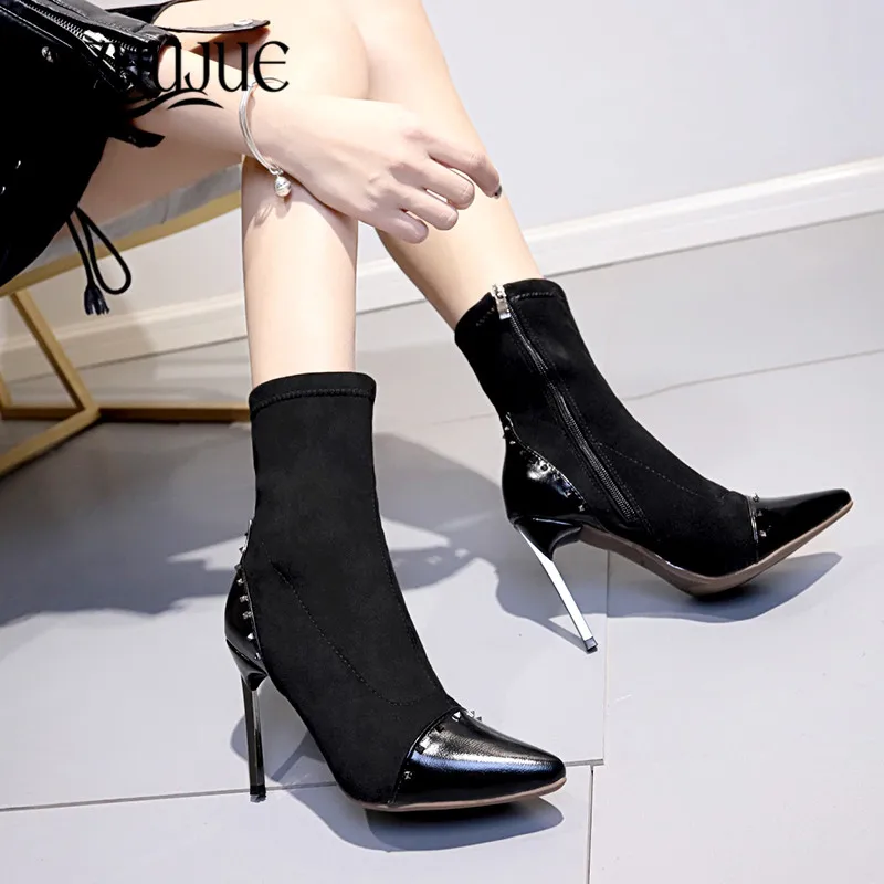 

Snake Print Thick High Heels Women Boots Pointed Toe Footwear Patent Pu Female Boot Party Shoes Women 2018 Autumn Black