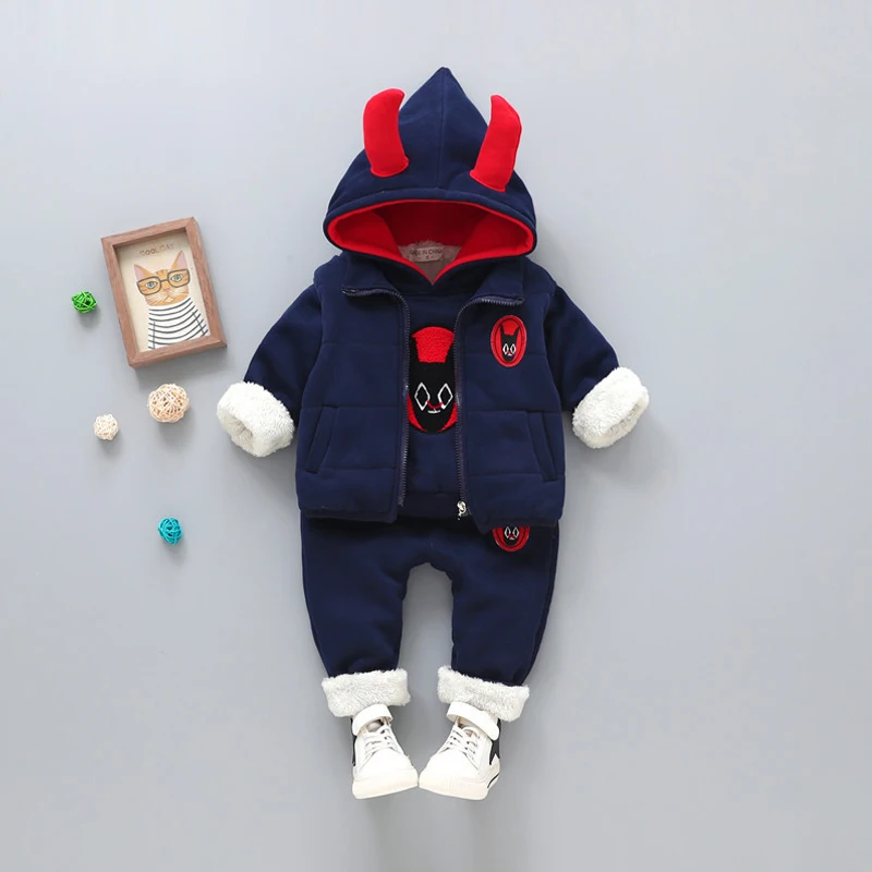 

Korean Style Kids Boys Winter Clothing Set Thick Warm Clothes With Velvet Children's Hooded Coat+Vest+Pants 3Pcs Boys Suit JF283