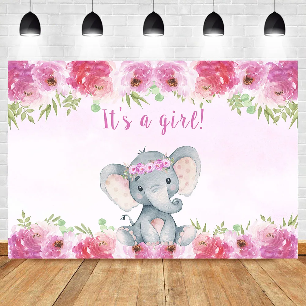

Neoback Elephant Baby Shower Photography Background Gender reveal Girl Pink Flower Cute elephant Booth Backdrop Photo Studio