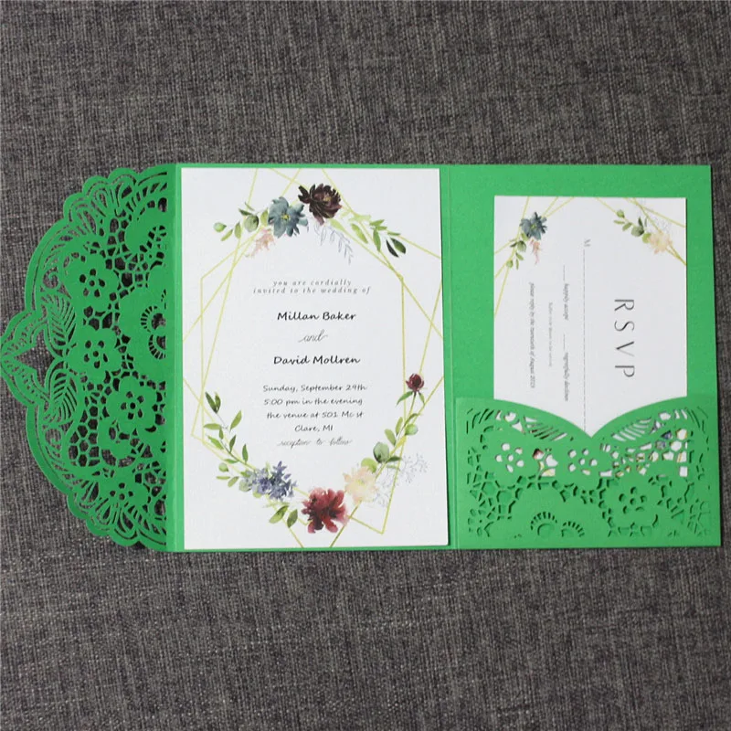 

St Patrick's Day greeting card green laser cutting wedding card invitation pocket tri-folded multi colors offer printing