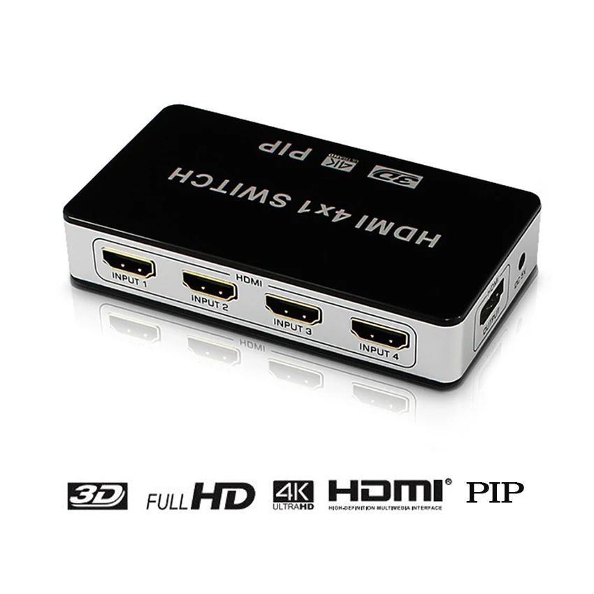 

HDMI Switch, 4 Ports HDMI Splitter with Remote Control, Plug & Play, HDMI Switcher 4 In 1 Out Supports 4K 3D 1080P HD PIP