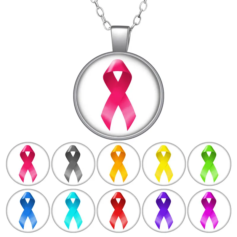 

Beauty Colorful Pink Ribbon Hope Silver/Bronze Pendant Necklace 25mm Glass Cabochon Woman Girls Jewelry Birthday Gift 50cm