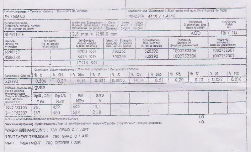 Material Certification for German 1