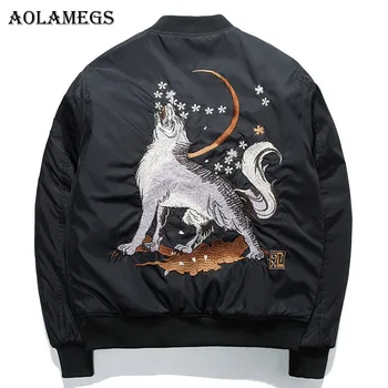 

Aolamegs Bomber Jacket Wolf Embroidery Thin Men's Jacket Stand Collar Fashion Outwear Men Coat Bomb Baseball Jackets S