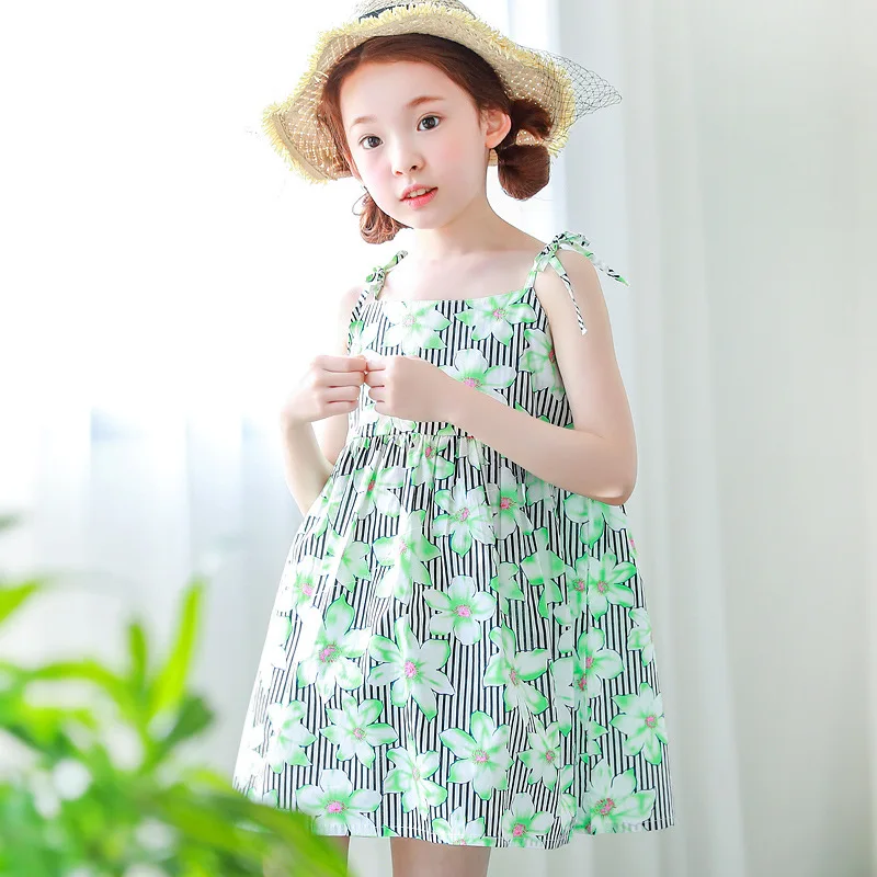 

new floral pattern new arrival girls dresses mini beach sleeveless printed green girls dress summer 2017 brand children clothing