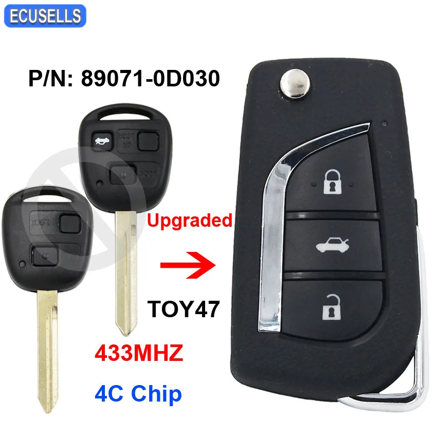 

Upgraded Flip Folding Remote Car Key 433MHZ 4C Chip for Toyota Yaris Avensis Corolla Carina P/N: 89071-0D030 TOY47 Uncut Blade