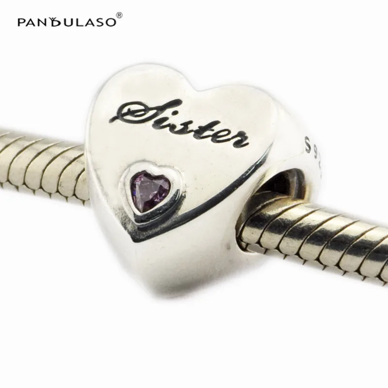 

Sister Letter Love Heart Silver Beads for Women Charms Bracelets & Bangles Pink CZ Stone Crystal Beads for DIY Jewelry Making
