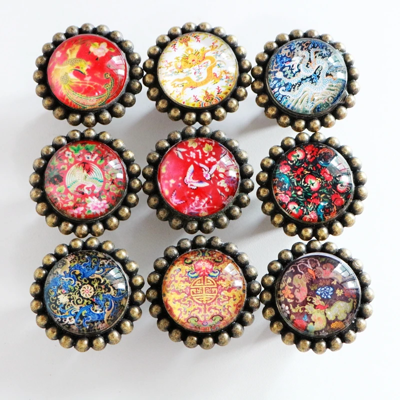 1x Chinese embroidery Element Crystal Glass Knobs Zinc Alloy Cupboard Drawer Pull Kitchen Cabinet Door Wardrobe Handles Hardware