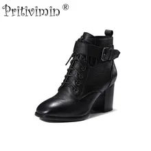 Г. Новая женская теплая зимняя обувь высокого качества на подкладке женские осенние ботильоны из натуральной кожи на высоком толстом каблуке Pritivimin FN131