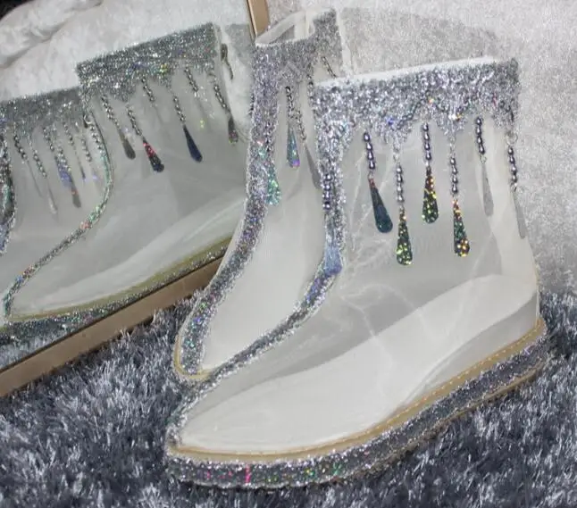 

newest transparent mesh ankle boots for woman summer pointed toe bling bling glitter embellished height increasing short boots