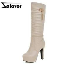 ZALAVOR/женские сапоги до колена на толстом каблуке Женская обувь на платформе со складками и бантом модные осенне-зимние сапоги, размер 31-45