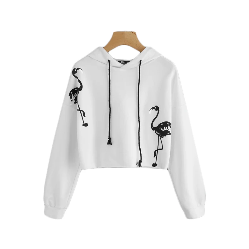 Толстовка с принтом фламинго и спущенными плечами, Белый спортивный пуловер с длинным рукавом, Женская Повседневная Толстовка для тренировок
