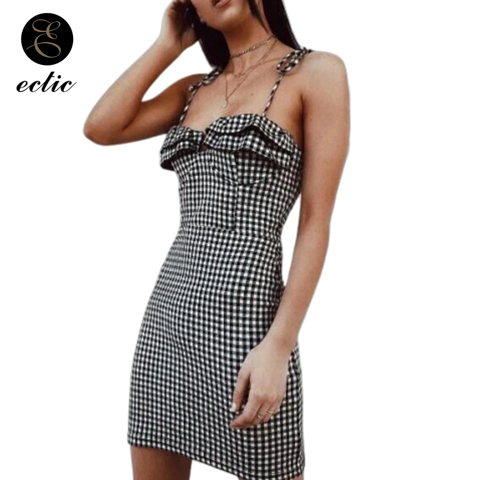 

Elegant Clothing Sukienka Bodycon Gown Robe Femme Ete 2019 Front Knot Dresses Checkered Women Plaid Dress With Straps Sexy Mini