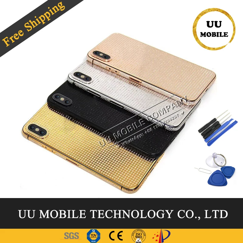 

Perfect Quality Chassis Rear Door Back Cover for iphone X Middle Frame Battery Door 24k Gold Housing with Diamond+Buttons+Tools
