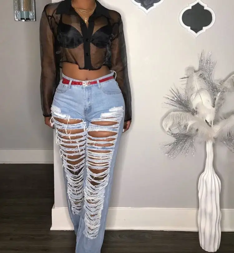 Joiekuno Solid Denim Mid Bodycon Long Pants 2019 blusas mujer de moda Women Party Hole Fashion Ladies Street Trousers SY0308 | Женская