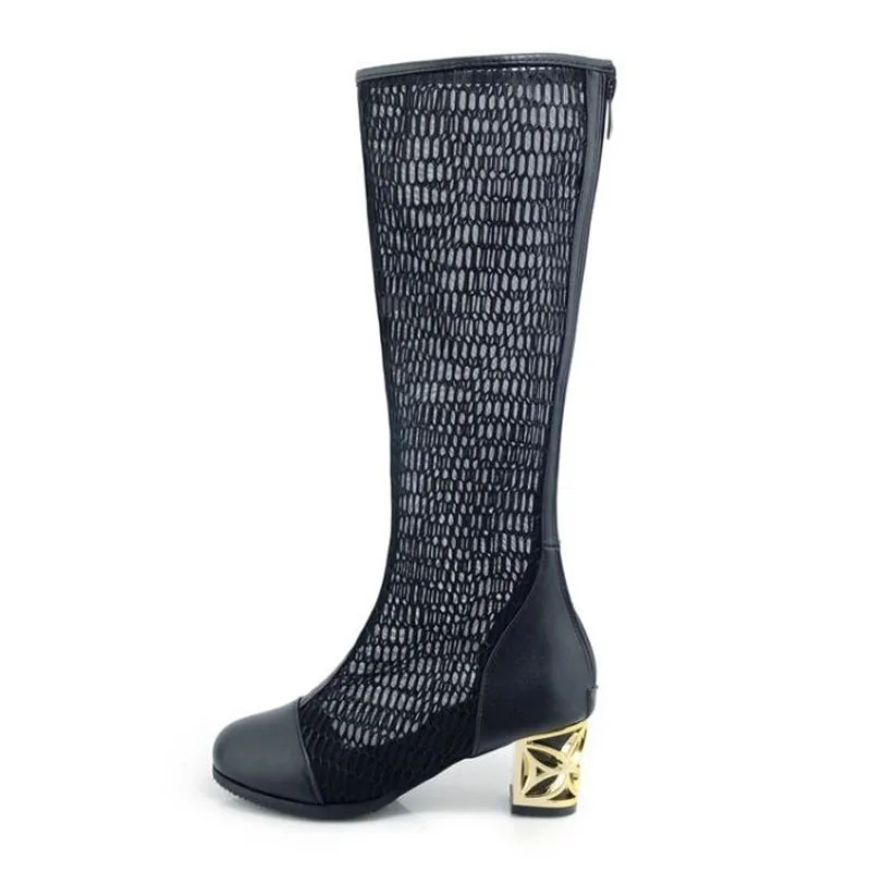 Size 34-46 New Fashion Women Knee High Boots Square heel Zipper Sexy Lace Mesh Boots Summer Cool Boots Breathable Women's Shoes
