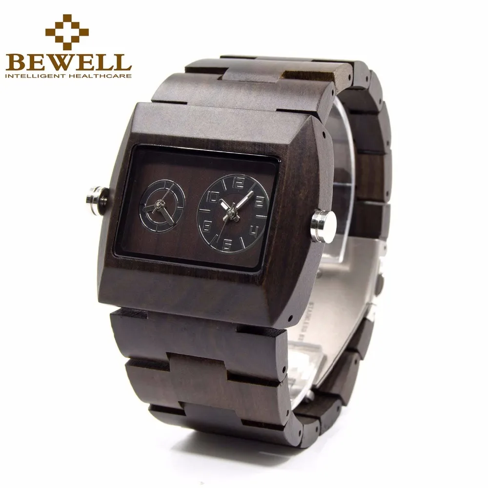 BEWELL Wood Men Watch Japan Quartz Movement Double Dial Luminous hands ...