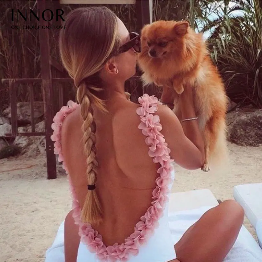 

innor Backless Beach Style Petal Women Bodysuits Bodycon Rompers White Catsuit Skinny Playsuit 2017 Sexy Jumpsuit For Women