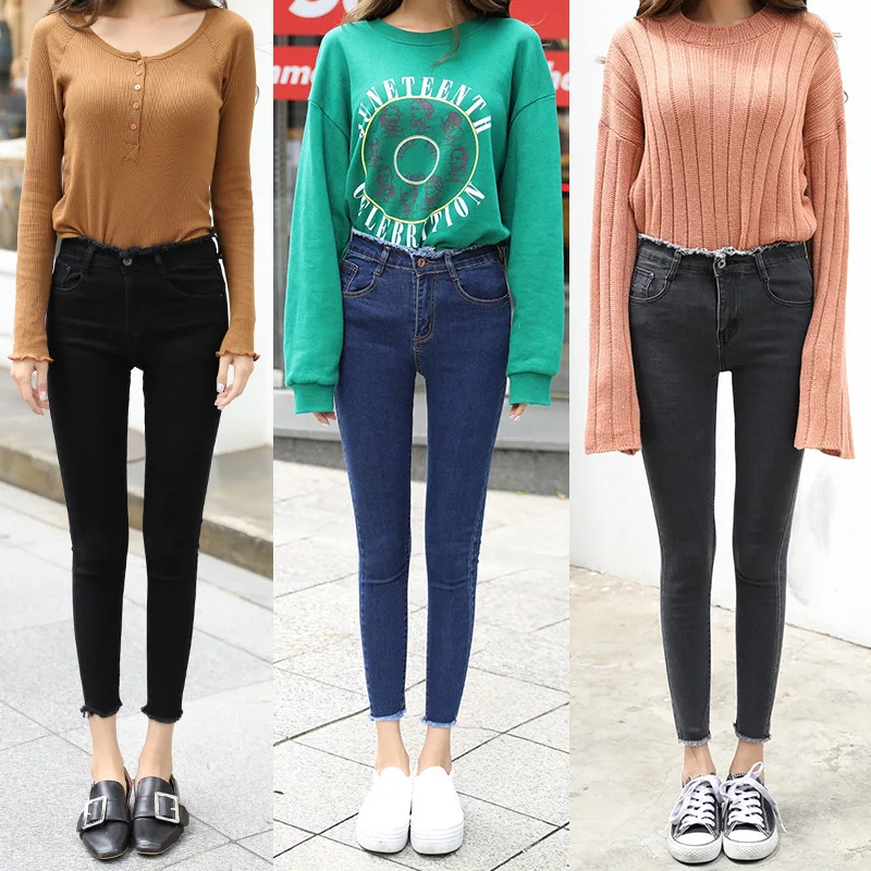 

New Fashion Skinny Jeans Woman Casual Vintage High Waist Frayed Denim Pencil Pants 2019 Spring Wash Blue Black Jeans Plus Size