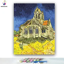 DIY Раскраска по номерам церковь Ван гогвиля Фотографии абстрактный Рисунок картины по номерам с наборы 40x50 оформлена