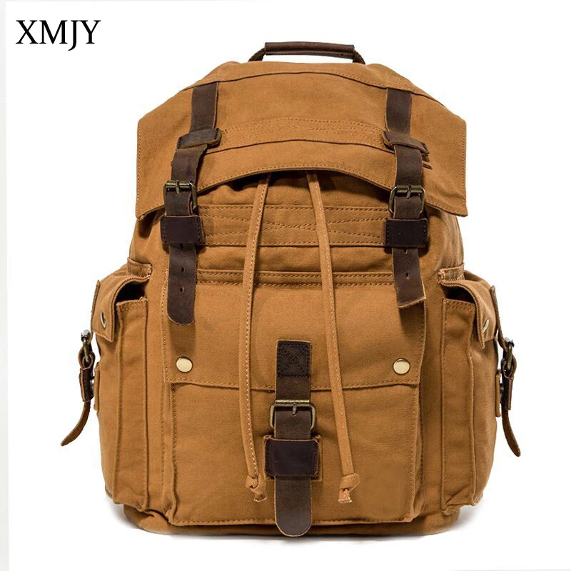 

XMJY Men's Military Canvas Backpack Large Capacity Tavel Bag Vintage Canvas Leather Drawstring Back packs Rucksack School bag