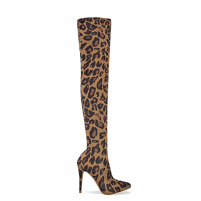 Haute Femmes Sur Léopard Leopard 11 Cm Boot Le Buonoscarpe Pointu Talons Taille Tissu Stretch Mince Bottes Grande Bout Genou vnwNm80