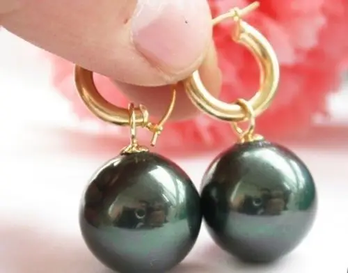 

FREE SHIPPING HOT sell new Style >>>>HUGE 16MM PERFECT ROUND BLACK SOUTH SEA SHELL PEARL DANGLE EARRING