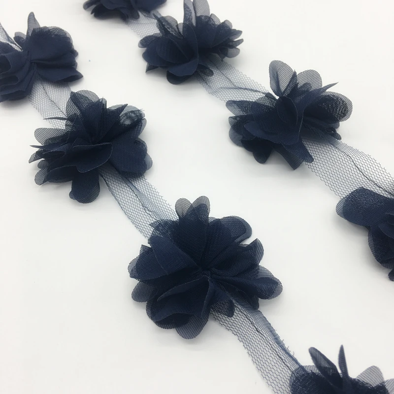 13pcs/yard 3D Navy blue Chiffon Cluster Flowers Wedding Dress Bridal Fabric Lace Trim Fabric DIY Sewing
