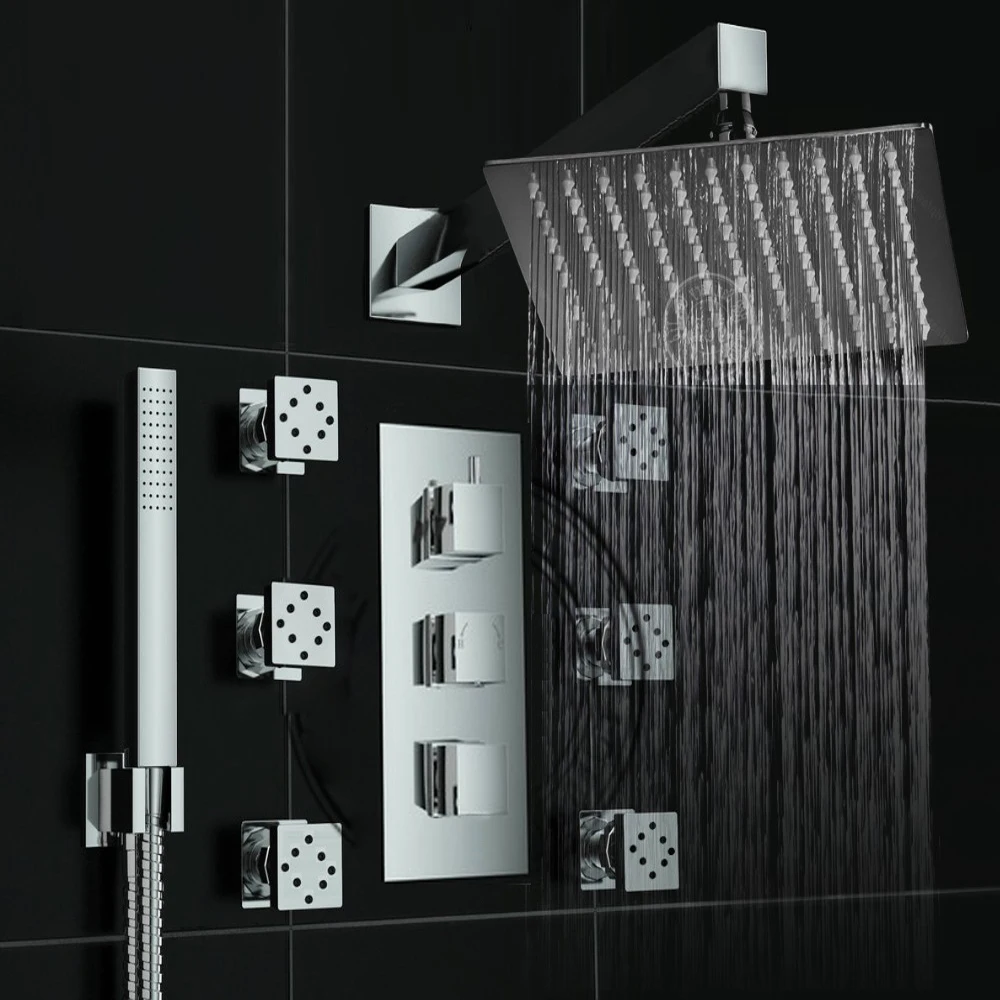 BECOLA, настенная термостатическая душевая панель, 10 дюймов, нержавеющая сталь, дождевая Большая душевая головка, смеситель для ванной комнаты, набор латунного массажного душа