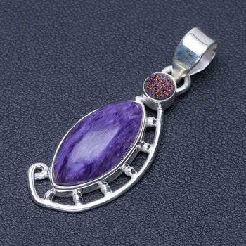 

Natural Charoite and Druzy Punk Style 925 Sterling Silver Pendant 1 3/4" Q0441