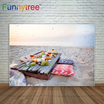 

Funnytree photography backdrops Beach picnic wine guitar backdrop sand seaside backdrop for Lovers summer decoration photo fund