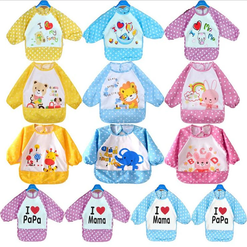 

13 Designs Fashion Waterproof Children bibs Long Sleeve For Lunch Cartoon baby clothing baby bib waterproof Clothing 3Colors