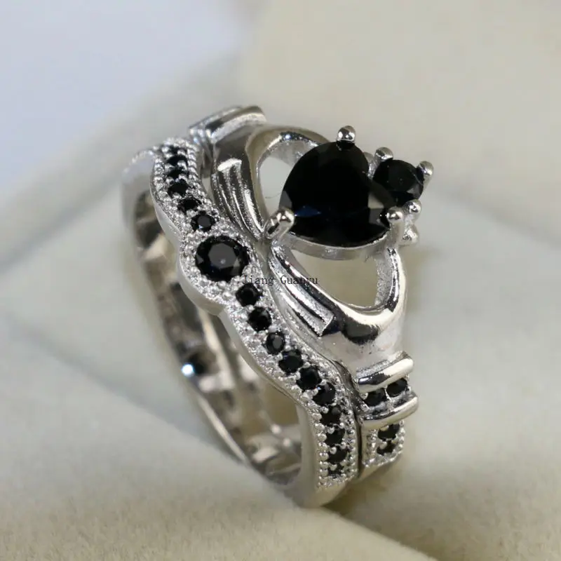 Claddagh Ring White Gold Filled Heart Black Zircon Wedding Band