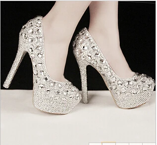Новые женские туфли на каблуке большие размеры европейский стиль свадебные туфли женские туфли-лодочки роскошные серебристые свадебные туфли ручной работы с кристаллами 98 - Цвет: 90mm Heel