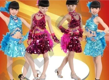Free Shipping kids girls blue red Cheap Latin Dance Dress Sequin feather Latin Dresses Children Feather Sequin Dancewear girls