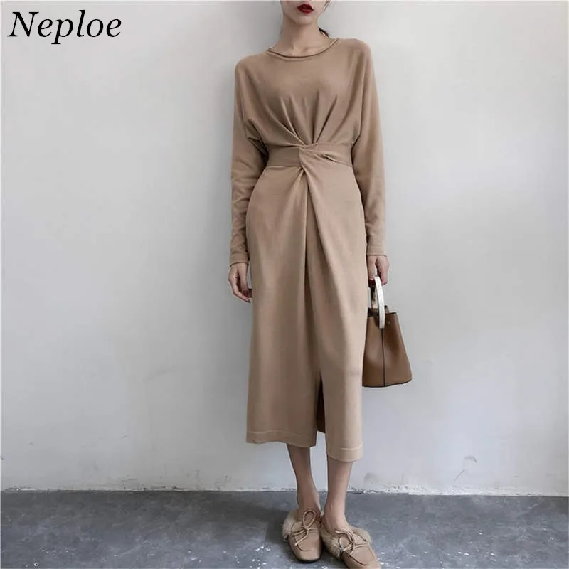 

Neploe Vintage Slim Split Sweater Dress 2019 Autumn Winter Waist-controlled Lace-up Knitted Vestido Sweaters Female Tops 37572