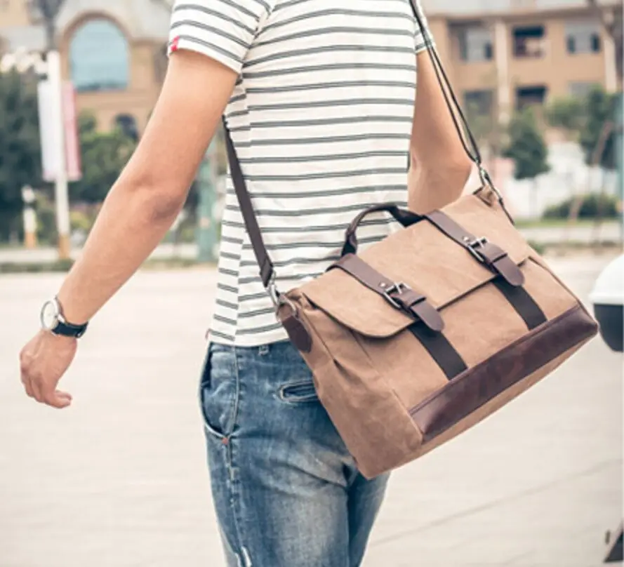 

Vintage Crossbody Bag Military Canvas + Leather Shoulder Bags Men Messenger Bag Men Leather Handbag Tote Briefcase