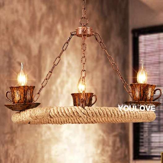 American Country Hemp Rope Pendant Lights Fixture Vintage Industrial Coffee Cups Droplight Home Indoor Lighting Hanging Lamps