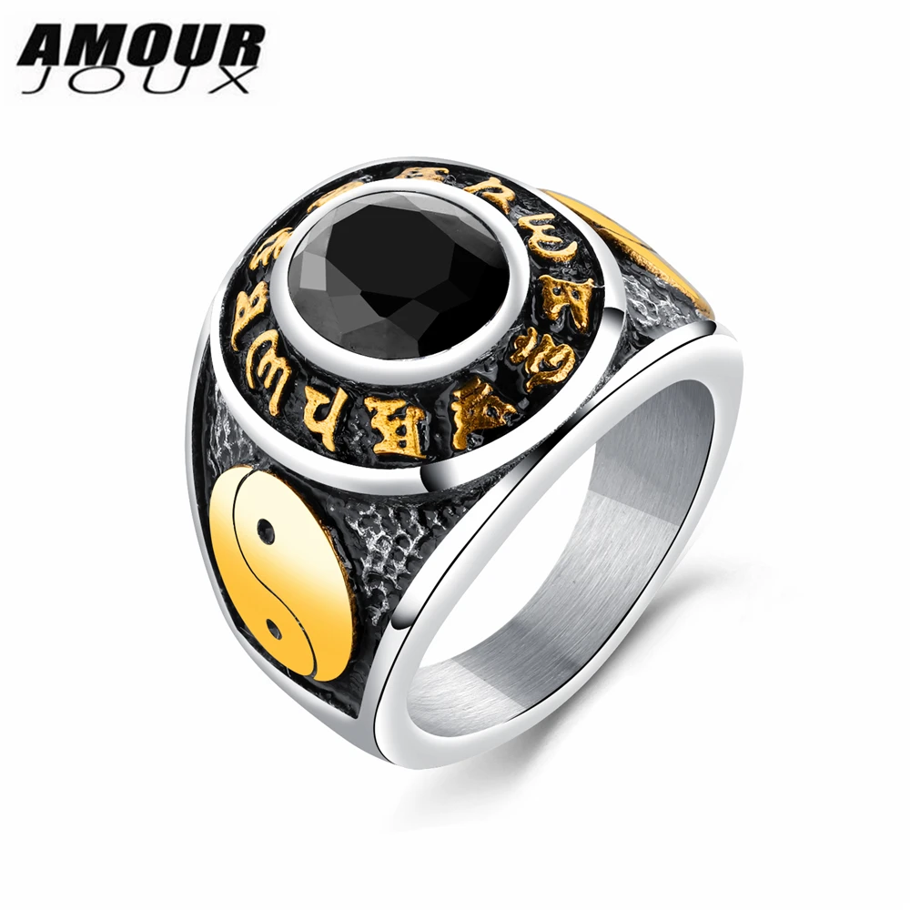 

AMOURJOUX Chinese Yin Yang Retro White/Gold Color Band Red/White/Black Round Glass 316L Stainless Steel Rings For Men