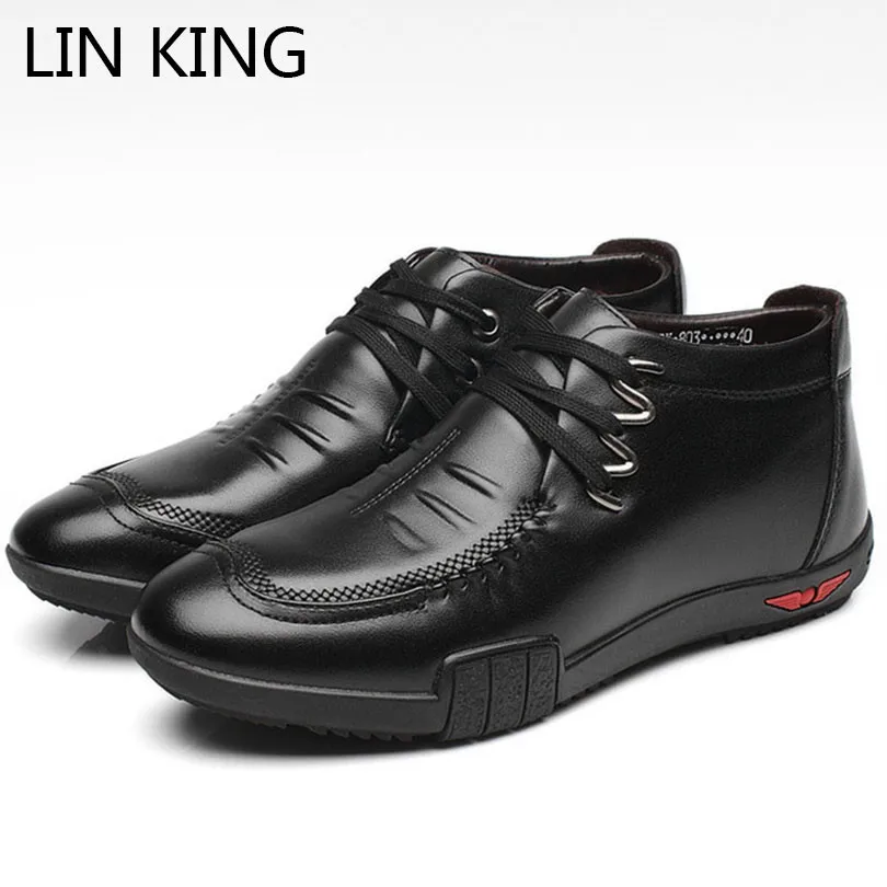 

LIN KING New Fashion Winter Pu Leather Casual Shoes For Men Warm Plush High Top Short Boots Breathable Lace Up Flat Cotton Shoes