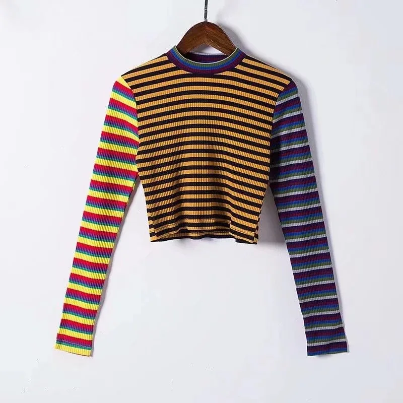 

Spring Sweater Style Color-impact Knitted Sweater Short Striped Bottomed Sweater Women Pullover Round Collar 2019