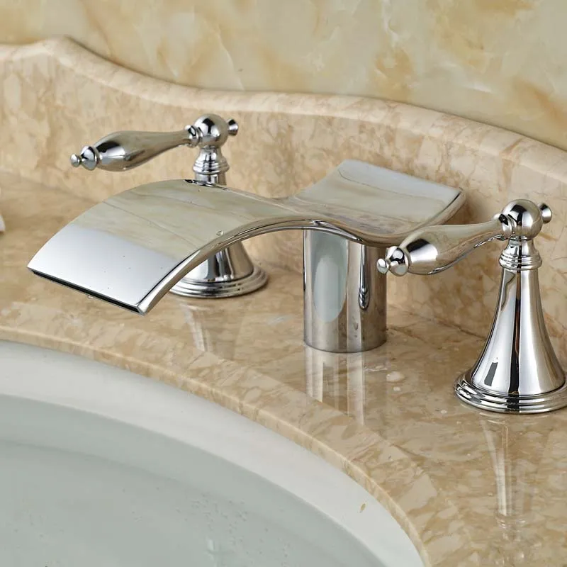 Modern Wave Shape Waterfall Bathroom Bath Tub Sink Faucet Deck Mount Dual Handles Basin Hot and Cold Mixer Taps