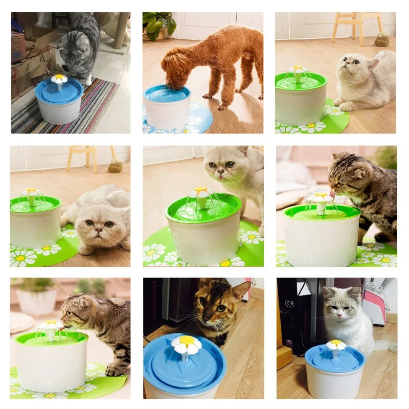 Маленькие домашние автоматические питьевой фонтаны собаки и кошки с круговым зеленым цветком питьевой фонтаны