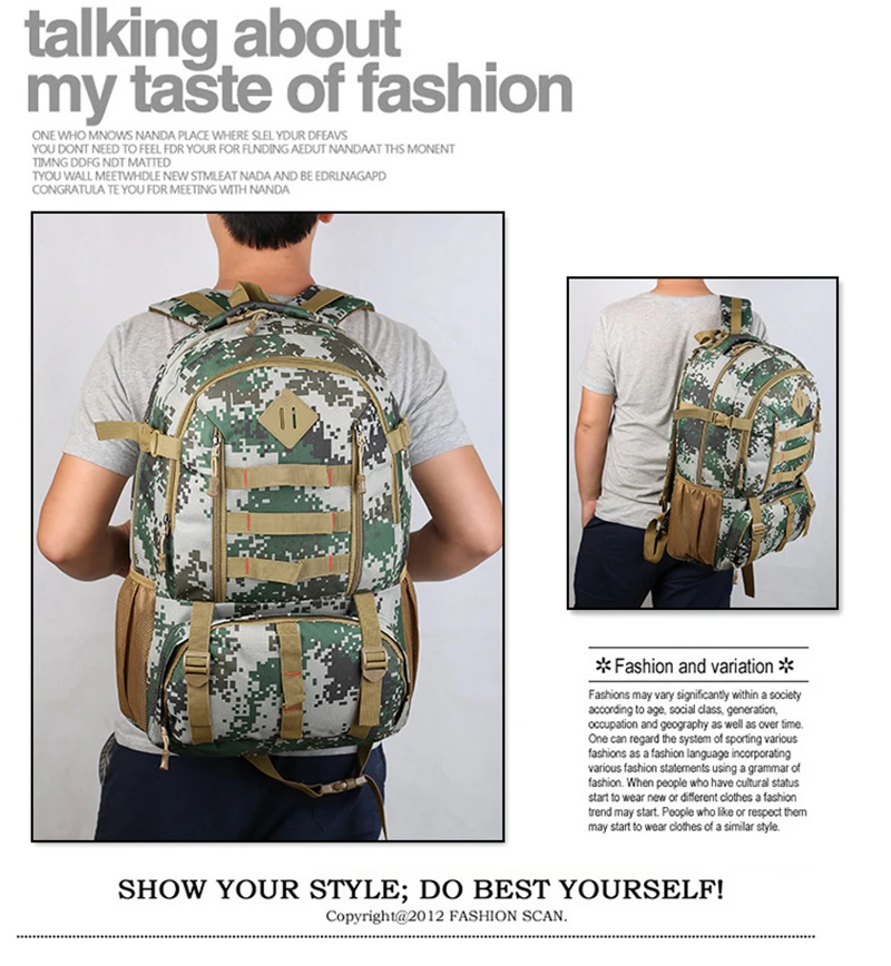 Camuflagem do Exército Acampamento ao ar Equitação Mochila Tático Bolsa Militar Ventilador 50l Multifuncional Caminhadas Livre 11 Ferram. atividade ar livre