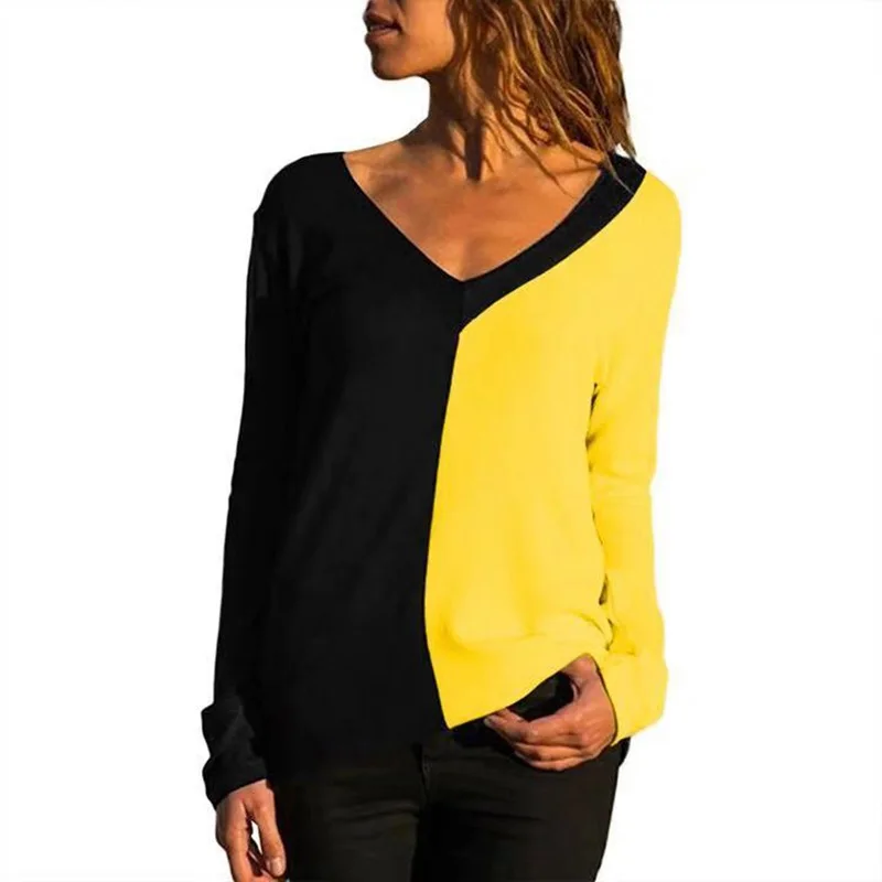 

Women's T Shirt Long Sleeve Tops Splice Tshirt V-Neck Women Striped Splicing 5XL Plus Size Autumn Winter Basic Ladies SJ1733Y