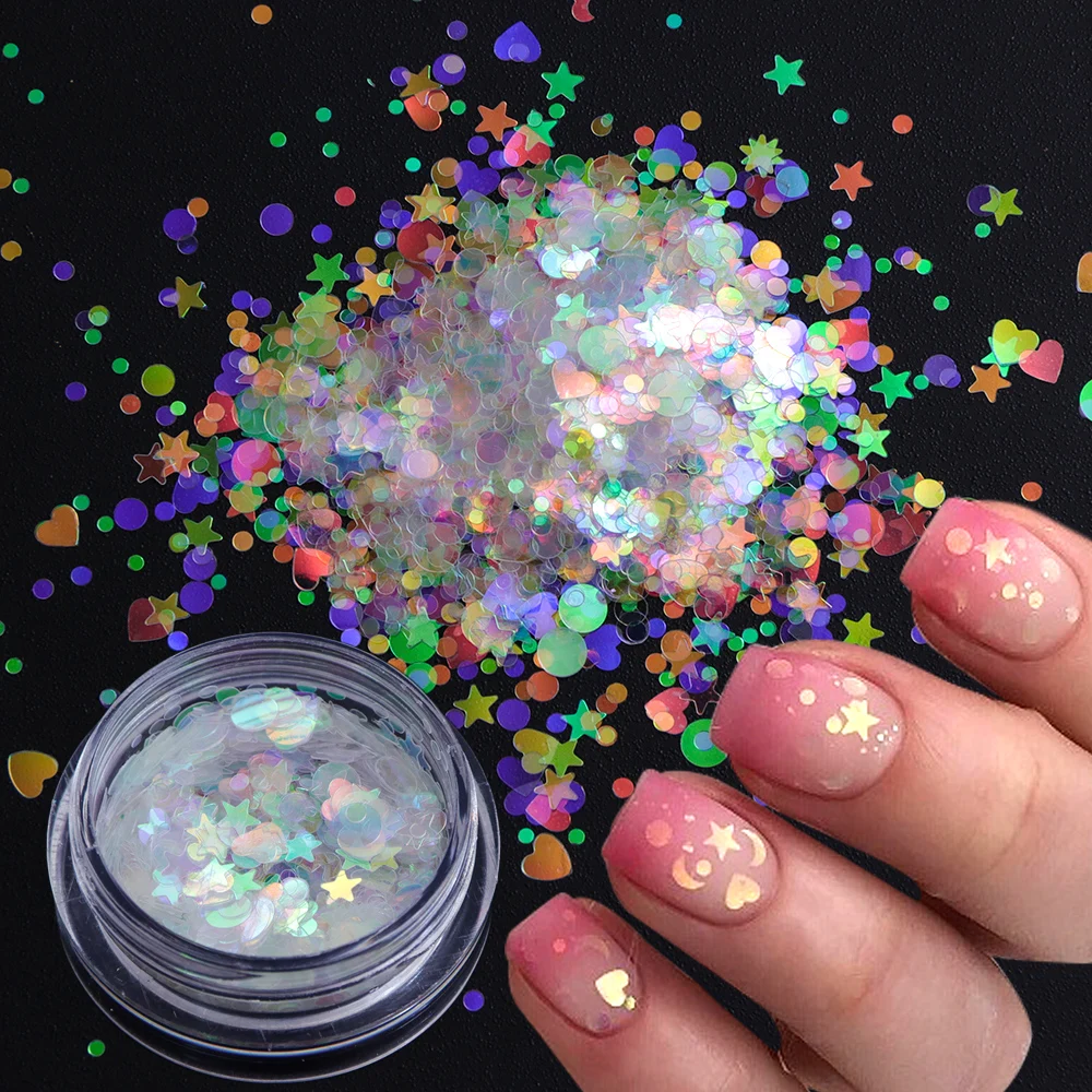 

1box AB Glitter Mermaid Nail Flakes Sequins Mixed Star Heart Round Shape Paillette Nail Art Polish Holographic Decor Tips JIAB12