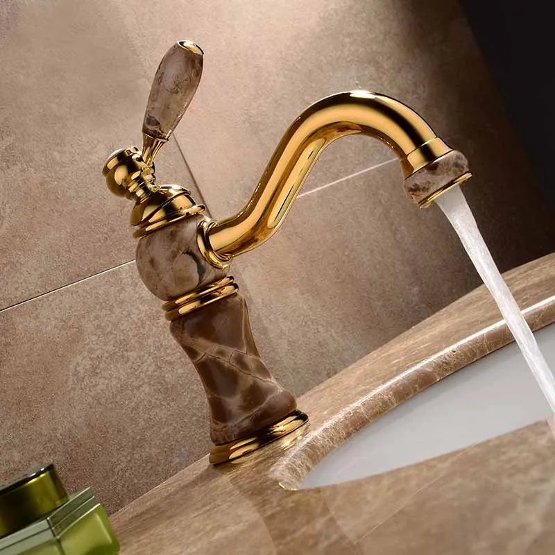 

Bathroom Sink Faucets Gold Color Marble Porcelain Single Hole Deck Mounted Waterfall Hot and Cold Water Mixer Taps MPDK006
