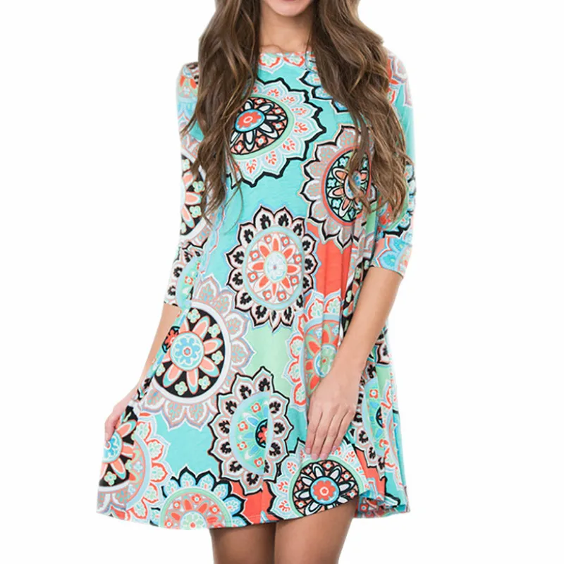 Women Spring Summer Dress Hot New Fashion Casual O-Neck Sleeve Loose National Wind Print Women Pocket Women's Clothing Dresses