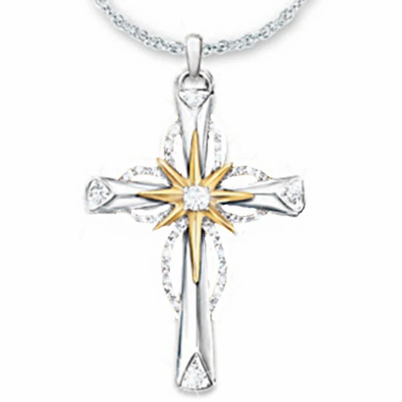 

Religious Cross Necklaces Gold and Silver Two-tone Stars Clear Zirconia Pendant Necklaces Woman Man New Fashion Gifts